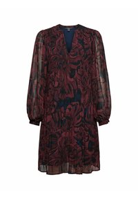 Burgundy blommig klänning i lätt tyg, med långa puffärmar, V-ringning och en flödande silhuett.