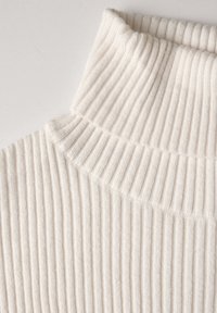 Cremefarbener, gerippter Rollkragenpullover mit hohem Kragen und weicher Textur, der gleichmäßig verteilte vertikale Streifen aufweist.