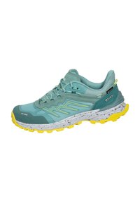 Trailrunning-Schuh in Türkis und Gelb mit Mesh-Obermaterial, gesprenkelter weißer Zwischensohle und robustem gelben Außensohle für Grip und Haltbarkeit.