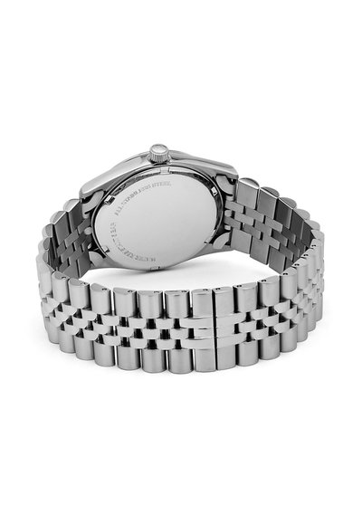 Nerezová oceľová hodinky s článkovým náramkom, okrúhlym puzdrom a korunou. Leštený povrch s hladkým, lesklým finišom.