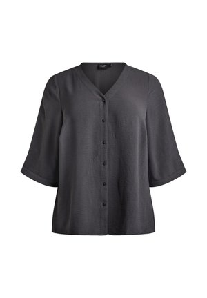 Czarna bluzka z krótkim rękawem, dekoltem w serek i guzikami z przodu, charakteryzująca się luźnym, swobodnym fasonem i teksturowaną tkaniną.