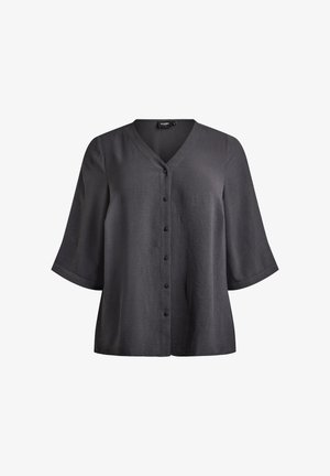 Czarna bluzka z krótkim rękawem, dekoltem w serek i guzikami z przodu, charakteryzująca się luźnym, swobodnym fasonem i teksturowaną tkaniną.