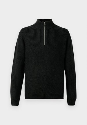 Fekete kötött pulóver magas nyakkal és elől zippzárral. Bordás textúra, hosszú ujjakkal és testhez simuló szegéllyel.