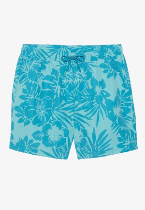 Hellblaue Schwimmshorts mit einem tropischen Blumenmuster in dunklerem Blau, elastischem Bund mit Kordelzug und Seitentaschen.