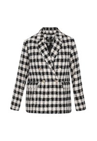 Dvojitě propracovaný blazer v černobílé kostkované látce. Vyroben z texturované tkaniny s detaily zlatých knoflíků a klopovými límci.
