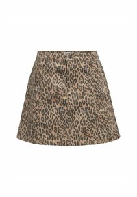 Leopardmönstrad denimkjol, A-linjeform, beige bas med svarta och bruna fläckar, knappknäppning framtill, två framfickor, texturerad tyg.