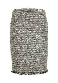 Knie-lange Bleistiftrock aus strukturiertem grauem und schwarzem Strickstoff, mit subtilen horizontalen Streifen, Reißverschluss hinten und fransensaum.