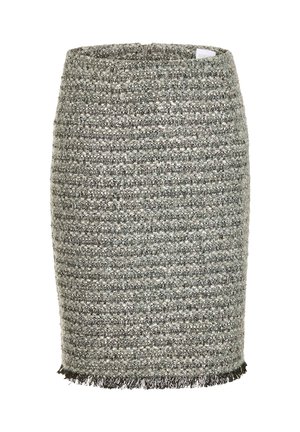 Knie-lange kokerrok van een gestructureerde grijs en zwarte gebreide stof, subtiele horizontale strepen, rits aan de achterkant en met franjes afgewerkte zoom.