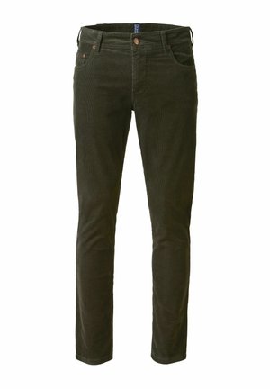 Pantalon en velours côtelé de couleur vert foncé, avec jambes droites, cinq poches et une fermeture à bouton. Le matériau présente des stries texturées.