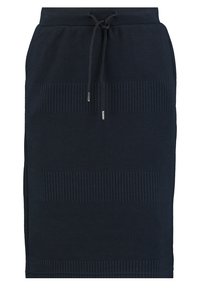 Jupe bleu marine longueur genoux avec une ceinture à cordon, présentant des rayures horizontales texturées et une finition de tissu lisse.