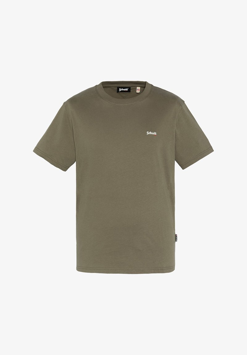 Olíva zöld pamut póló, kerek nyakkivágással és rövid ujjakkal, bal mellején egy apró fehér Schott logóval.