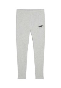 Graue Leggings aus einem weichen, dehnbaren Material, mit einem schwarzen Logo auf der linken Hüfte und einem eleganten Design.
