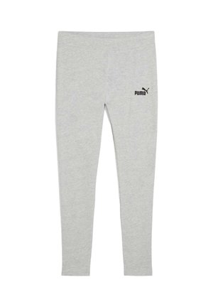 Leggings grises hechos de una tela suave y elástica, con un logo negro en la cadera izquierda y un diseño aerodinámico.