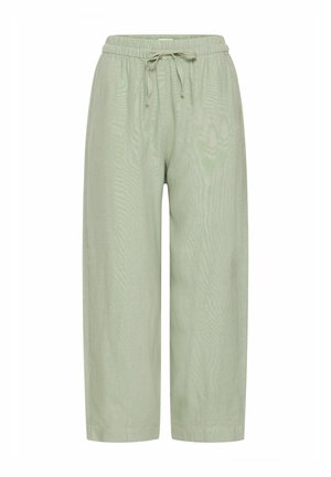 Helle grüne weite Hose mit elastischem Bund und Kordelzug. Hergestellt aus einem weichen Stoff mit glatter Textur und ohne sichtbare Muster.