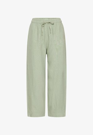 Šviesiai žali plačiakelniai kelnių su elastinga juosta ir raišteliu. Pagaminti iš minkštos medžiagos, turinčios lygią tekstūrą ir be matomų raštų.