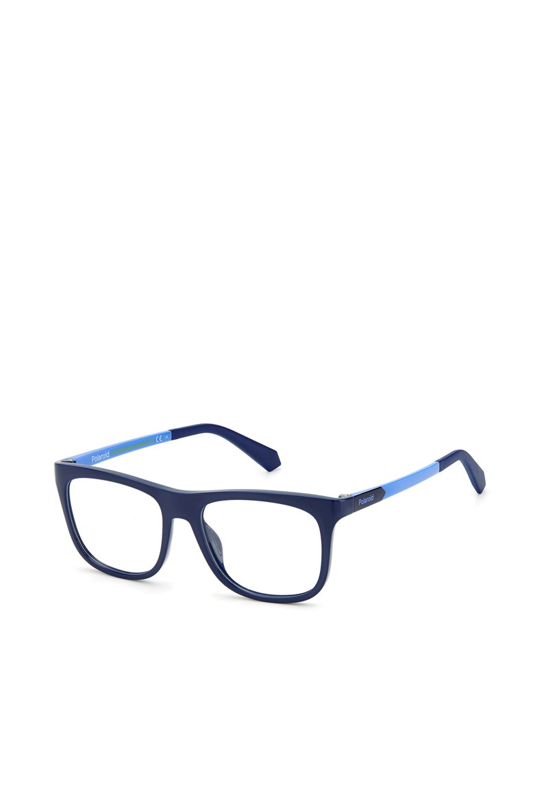 Lunettes en plastique bleu de forme rectangulaire, avec une monture solide bleu foncé et des accents bleu clair sur les branches.