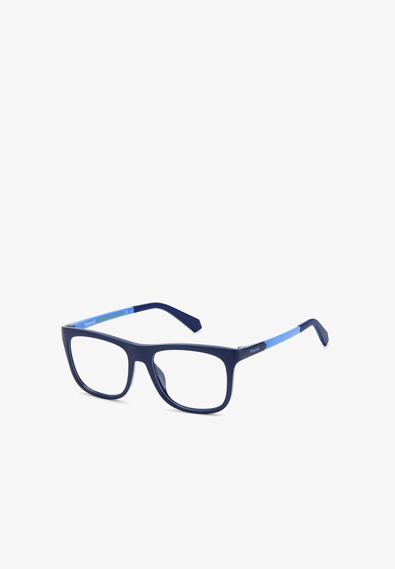 Lunettes en plastique bleu de forme rectangulaire, avec une monture solide bleu foncé et des accents bleu clair sur les branches.