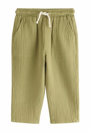 Pantalon en coton vert clair texturé avec taille élastique et cordon blanc, doté de deux poches latérales et d'une coupe décontractée.