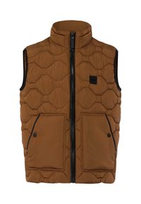 Gilet imbottito marrone con colletto alto, chiusura frontale a zip, due tasche frontali e dettagli neri. Superficie testurizzata con design trapuntato.