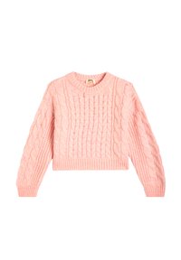 Roze kabelgebreide sweater met lange mouwen, ronde hals en geribbelde zoom. Beschikt over verschillende texturen in het breipatroon.