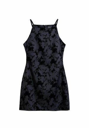 Schwarzes Kleid mit einem strukturierten Blumendesign, ärmellosem Schnitt, verstellbaren Trägern und knielanger Länge. Hergestellt aus glattem Stoff.