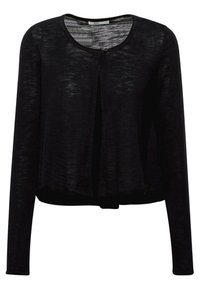 Svart, långärmad cardigan gjord av lätt, texturerad tyg. Har en rund halsringning, knappstängning fram och en cropped design.