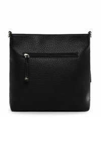 Czarna skórzana torba na ramię o teksturowanej powierzchni. Posiada przednią kieszeń na zamek oraz prosty, prostokątny kształt. Srebrne elementy ozdobne.