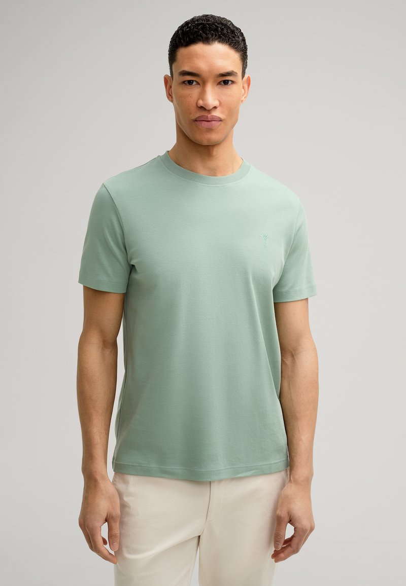 Hellgrünes T-Shirt mit kurzen Ärmeln aus Baumwolle, mit Rundhalsausschnitt, das ein dezentes gesticktes Detail auf der Brust aufweist. Weiche, glatte Textur.