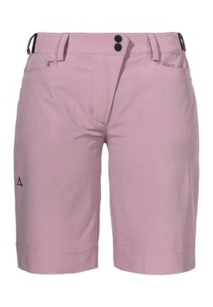 Pinke Shorts aus leichtem Stoff, mit einer Reißverschlusstasche, zwei schwarzen Knöpfen und einem bestickten Logo am unteren linken Bein.
