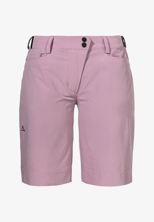 Pinke Shorts aus leichtem Stoff, mit einer Reißverschlusstasche, zwei schwarzen Knöpfen und einem bestickten Logo am unteren linken Bein.
