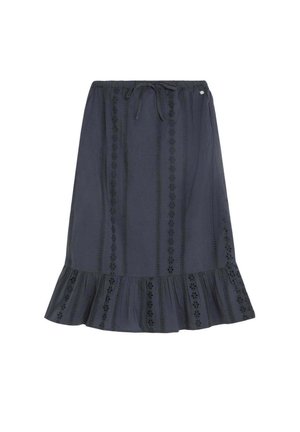 Falda azul marino hasta la rodilla con bordado floral, cintura con cordón y bajo con volantes.