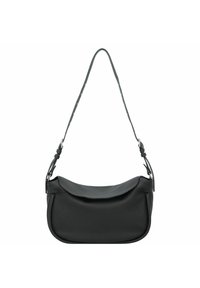 Borsa a spalla in pelle nera con una forma arrotondata, texture morbida e una patta curvata. Presenta una tracolla staccabile e un design minimalista.
