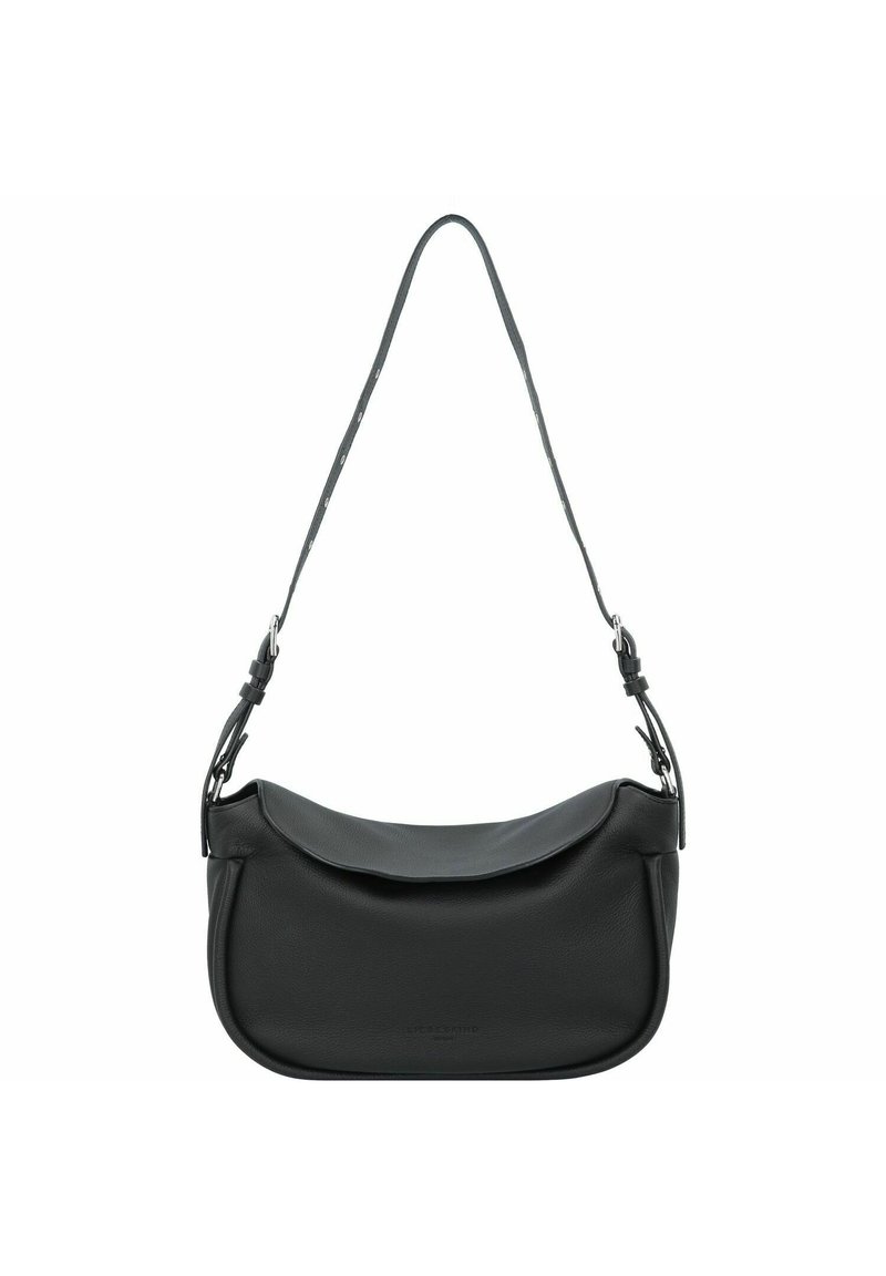 Borsa a spalla in pelle nera con una forma arrotondata, texture morbida e una patta curvata. Presenta una tracolla staccabile e un design minimalista.
