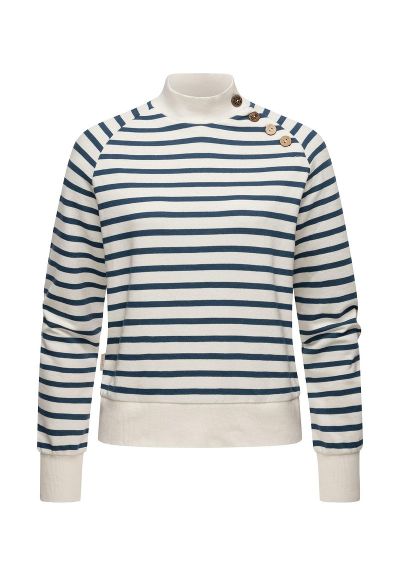 Felpa a righe in crema e blu navy. Presenta un collo alto, maniche raglan e tre bottoni sulla spalla sinistra. Materiale in misto cotone.