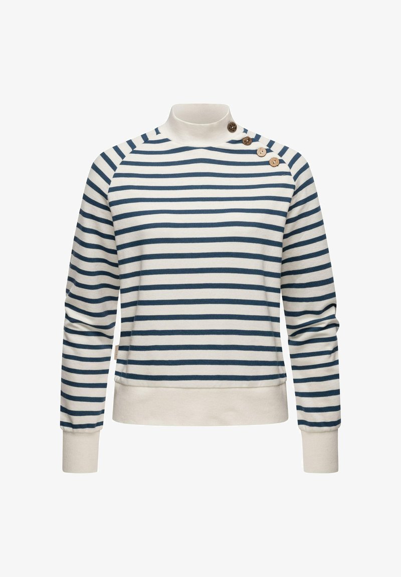 Csíkos pulóver kapucnival krém és tengerészkék színben. Magas nyakkal, raglán ujjal és három gombbal a bal vállon rendelkezik. Pamut keverék anyag.