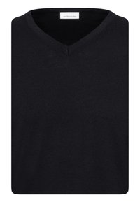 Schwarzer V-Ausschnitt-Pullover aus weichem Strickmaterial, mit nahtlosem Design und einer dezenten gerippten Textur am Ausschnitt.