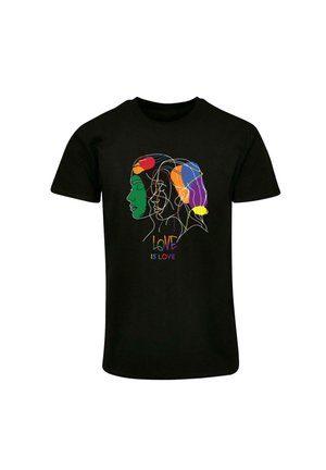Čierne tričko s farebným líniovým výtvarným zobrazením dvoch profilov a textom "LÁSKA JE LÁSKA" pod nimi v dúhových farbách.
