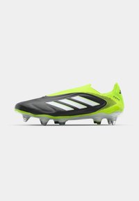 Black and neon green soccer cleat with smooth synthetic upper, white stripes, and transparent sole plate featuring molded studs.