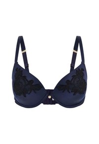 Sutien marin cu design floral brodat negru pe cupe, textură netedă din satin, bretele ajustabile și un accent din metal auriu în centru.