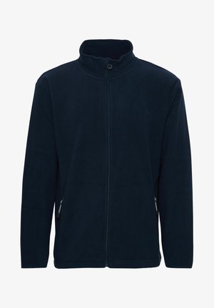 Tume sinine fliisjakk kõrge kraega, täispikkuselt lukuga ja kahe küljetaskuga. Sile tekstuur ja klassikaline disain.