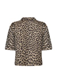 Blúzka s leopardím vzorom vyrobená z ľahkej látky, s golierom, krátkymi puff rukávmi a uvoľneným strihom. Farby: piesková a hnedá.