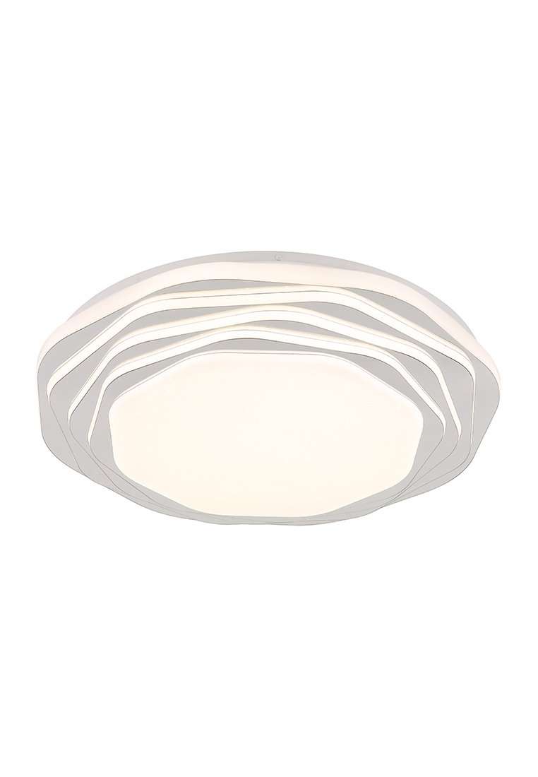 Deckenleuchte mit geschichtetem, wellenförmigem weißen Design; verfügt über ein achteckiges zentrales Panel, das diffuses warmes Licht abgibt. Glatte Oberfläche, modernes Ästhetik.