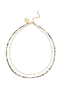 Collana in oro con perline multicolori di varie dimensioni, tra cui verde, rosa e nero, con un chiusura regolabile.
