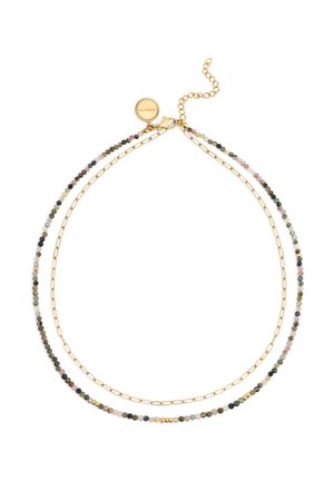 Złoty naszyjnik łańcuszkowy z kolorowymi koralikami o różnych rozmiarach, w tym zielonym, różowym i czarnym, z regulowanym zapięciem.