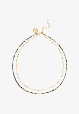 Collana in oro con perline multicolori di varie dimensioni, tra cui verde, rosa e nero, con un chiusura regolabile.