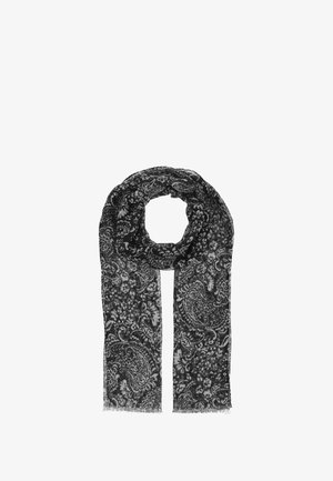 Zwart-witte sjaal met paisleypatroon in lichte stof, met franjes aan de randen en een langgerekte rechthoekige vorm.