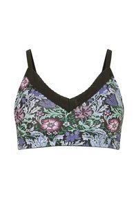 Svart blommig bralette med V-hals, justerbara band och ett flerfärgat blommönster på en mörk bakgrund. Design i stretchmaterial.