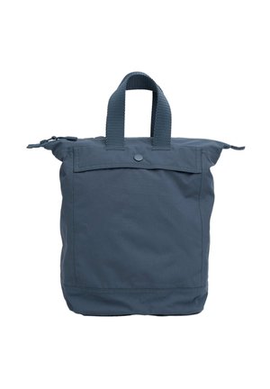 Marineblauwe boodschappentas met twee korte handvatten, een voorvak met klep en knop, en een ritssluiting aan de bovenkant.