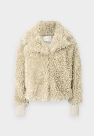 Kunstpelzjacke in Creme mit Kragen, langen Ärmeln und gerippten Bündchen. Strukturierte, flauschige Oberfläche mit entspannter Silhouette.