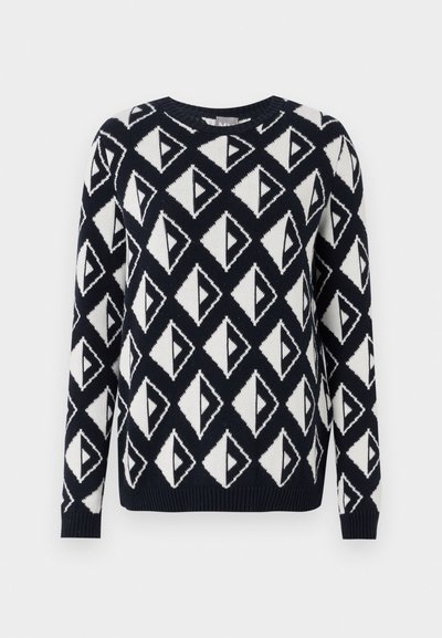 Pulover tricotat în nuanțe de bleumarin și alb, cu un model geometric de triunghiuri. Dispune de un guler rotund și manșete și tiv cu nervuri.